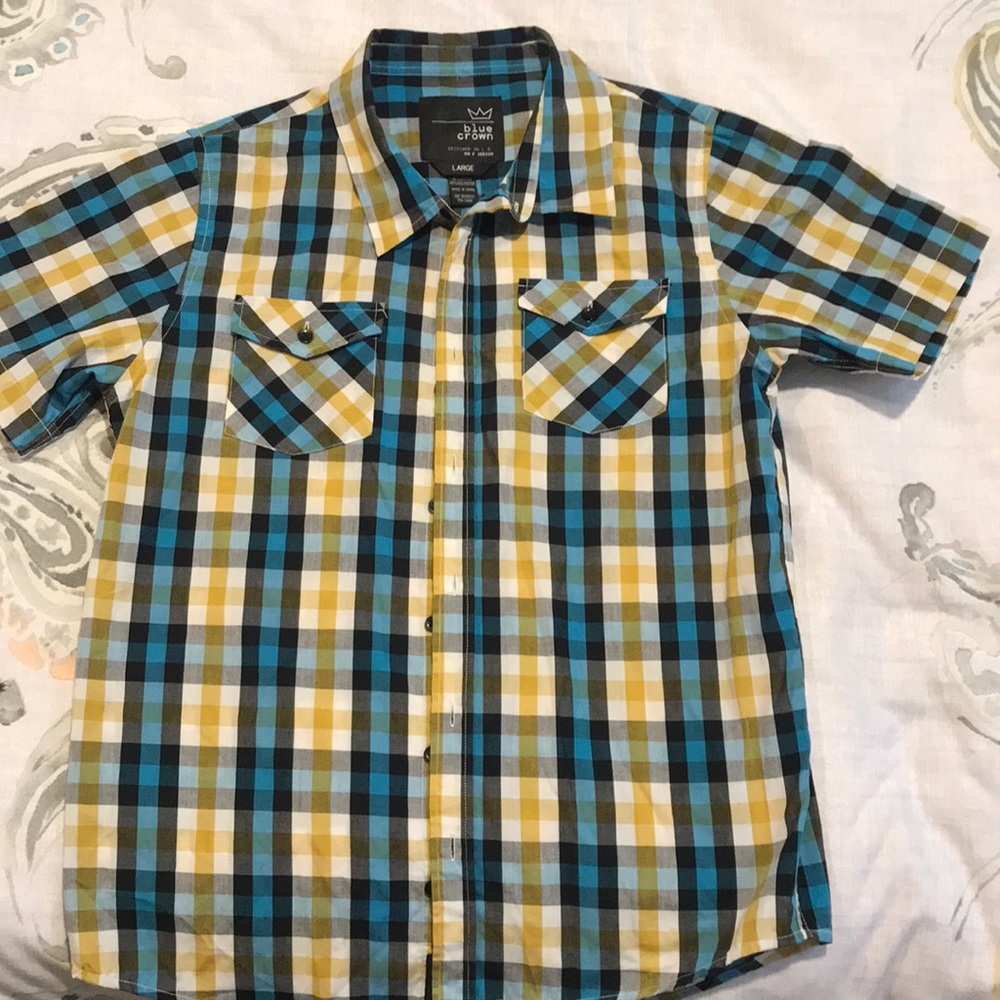 Teal, mustard, black and white fun plaid.